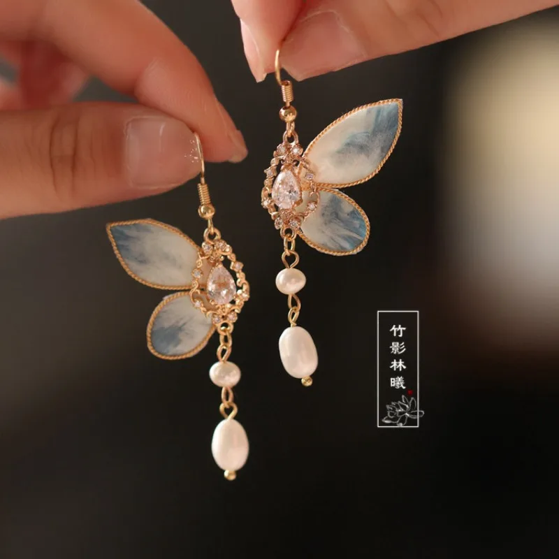 Purple Butterfly Earrings Ancient Chinese Style Hanfu Cute Blue Convertible to Clip on Song Dynasty Ethereal Accessory Nice Gift