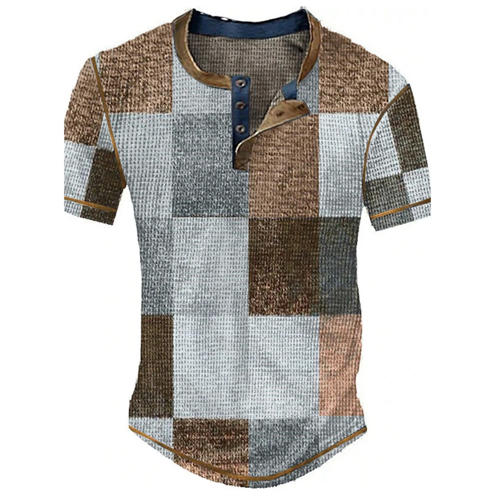 Farbblock-Patchwork Grafik 3D-Druck Henley-Shirts Herren Vintage Mode Übergroße Kurzarm T-Shirts Männer Oberteile Kleidung – Detail 7