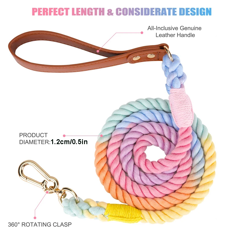 Benepaw Strong Dog Leash No Tangle Handmade Braided Cotton Rope Comfortable Leather Handle Pet Lead For Small Medium Large Dogs