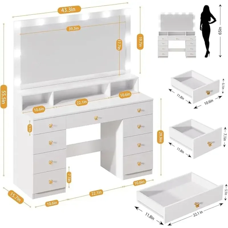 White Vanity with Lighted Mirror, Makeup Vanity Desk with Power Outlet, 9 Drawers & Shelf Storage, 43.3” Large Vanity Desk