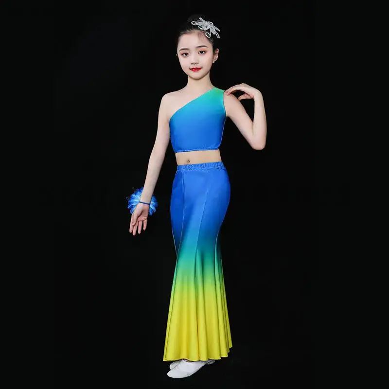 Traje de dança étnica dai infantil, saias de dança de pavão minoritária para meninas, estilo nacional tradicional, roupas de performance