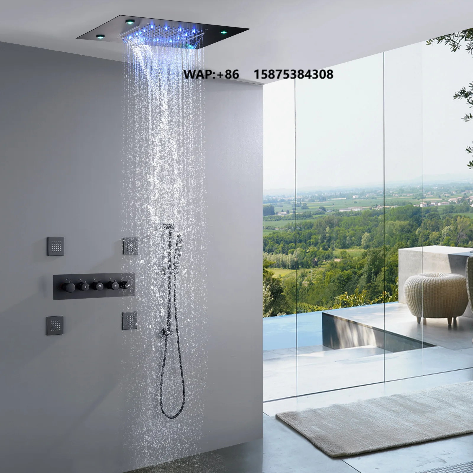 Luxury LED Ceiling Exposed Thermostatic Shower Set Multi Function Rainfall Shower Head Apartment Complete Shower Massage Jet