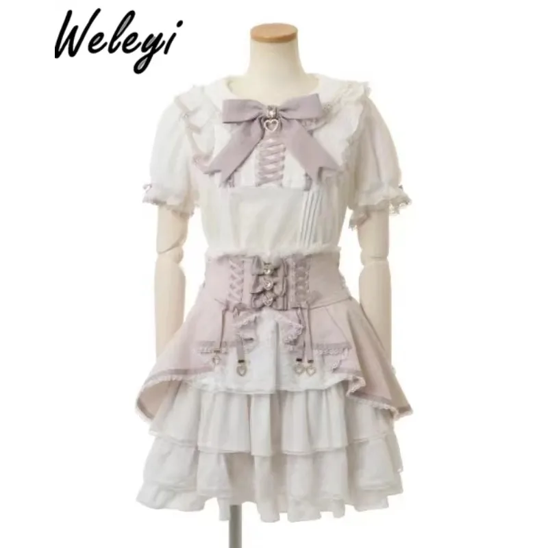 

Japanese Style Sweet Ladies Tops 2024 Summer Streetwear Koszule I Bluzki Cutecore Mine Pearl Studded Rhinestone Bow Lace Blusas