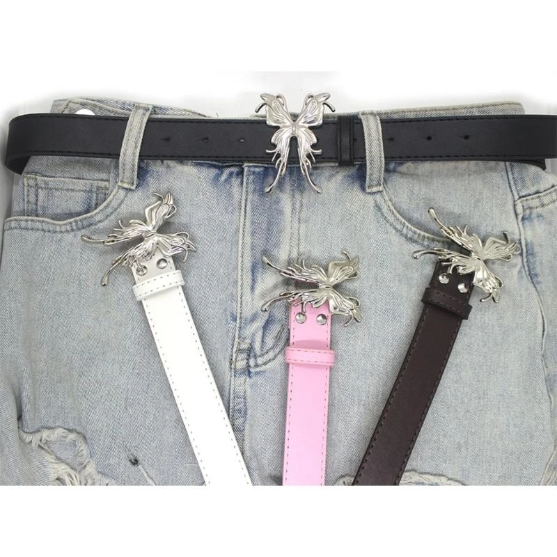 652F Cool Waist Belt for Women Casual Pin Buckle Butterfly Buckle Vintage Wide Belt for Jeans Pants Teens Decorative Belt