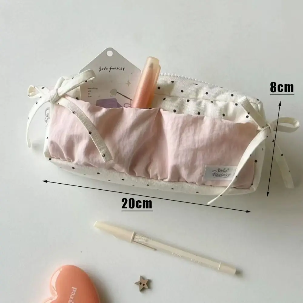 Simple Polka Dot Pattern Pen Bag Large Capacity Multifunctional Pencil Case Bowknot Deisgn Stationery Organizer Gift