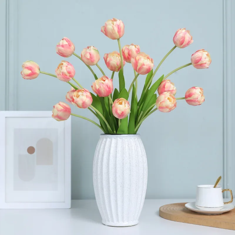 Artificial 3-heads Multi-layer Tulips Branches Silk Fake Flowers Home Living Room Decoration Simulation Flower White Tulip