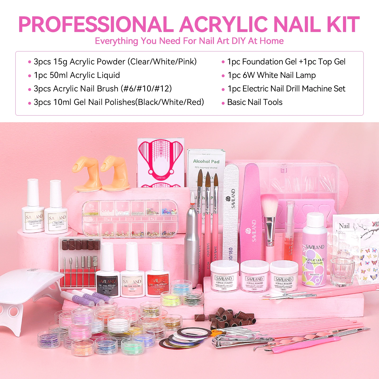 SAVILAND Kit completo per unghie acriliche con lampada UV per unghie Trapano elettrico per unghie Strumenti per smalto gel in polvere per manicure Nail Art