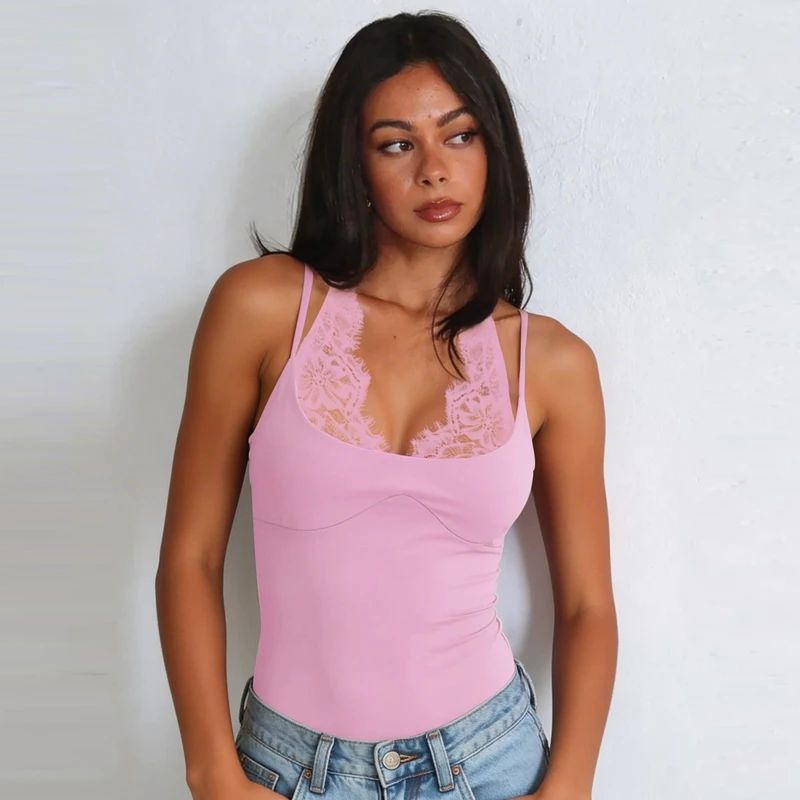Hugcitar Modischer Neckholder-Bodysuit mit Spitzenbesatz, Rückenfreier Bandage-Body, Sexy Figurbetonter Einteiler für Sommer, Urlaub und Club – Detail 28