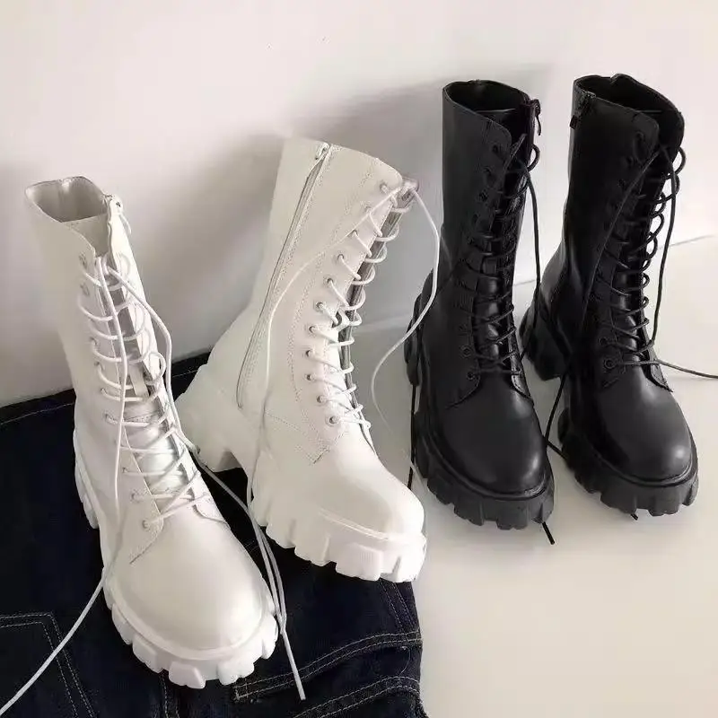 Women's  Boots Knight Mid-calf Thick Bottom High Heel Autumn Winter New Large Size British Style Rubber Outsole