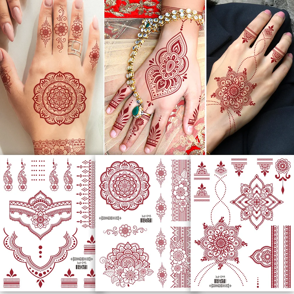 Eid Mubarak Ramadan Temporary Tattoos-6 Sheets, Red Lace Lotus Mandala Flower for Eid Mubarak Ramadan Festival Party Decorations