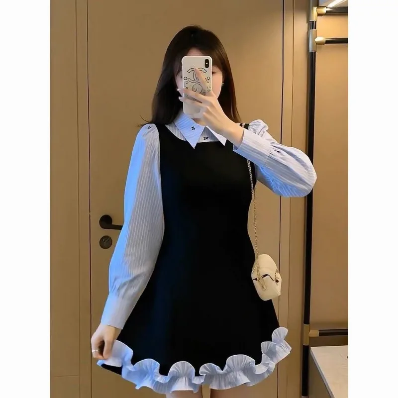 

Корейское студенческое стильное искусственное платье из двух частей для женщин, осень 2024, новый стиль, популярное в этом году высококачественное короткое платье