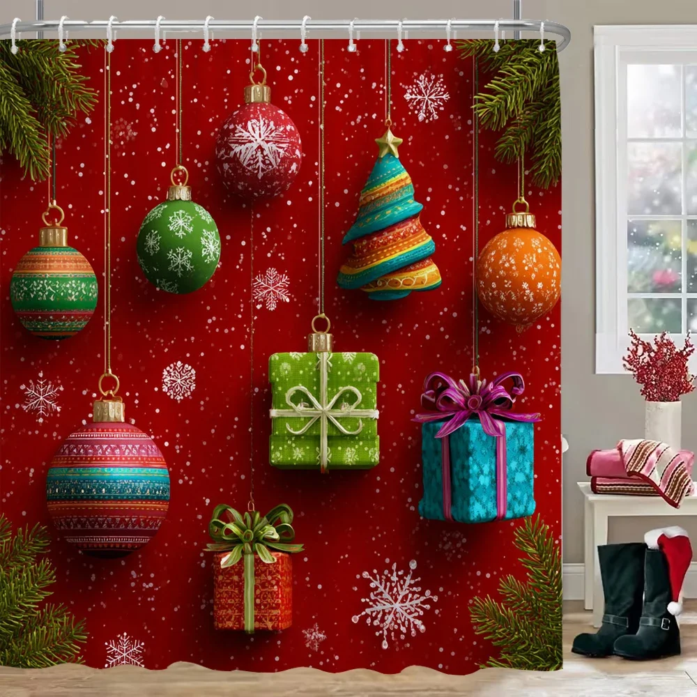 GAEMerry Cortina de chuveiro de Natal, presente de Natal, árvore de Natal, cortina de banheiro com ganchos, estampa de Natal, decoração de casa
