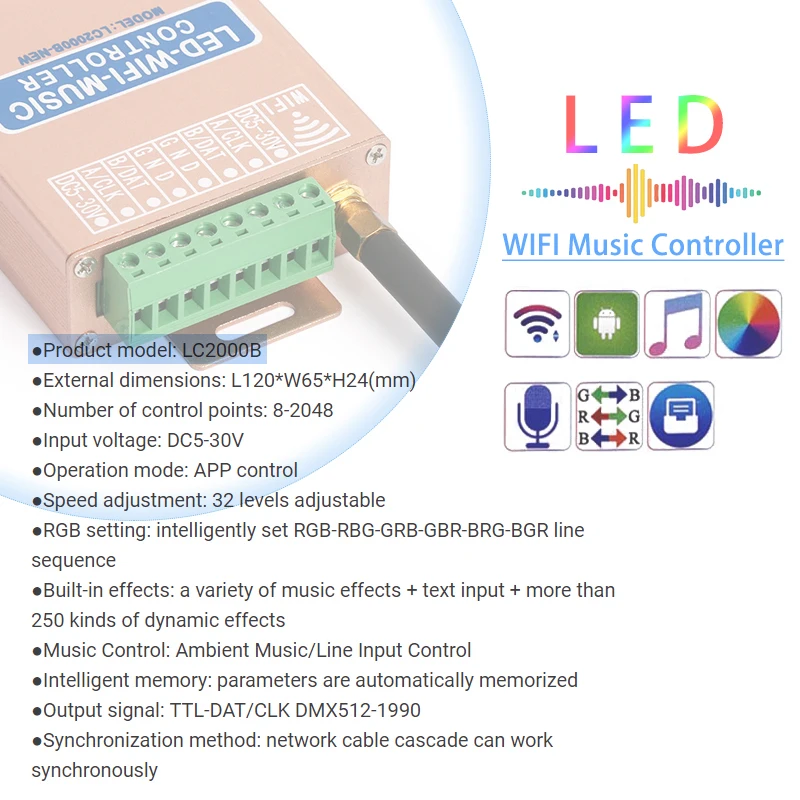 Imagem -06 - Controlador Led Digital Pixel Strip com Construído Wifi Spi Espectro de Música Rgb Ws2812b 82048 Lc2000b Ws2812b