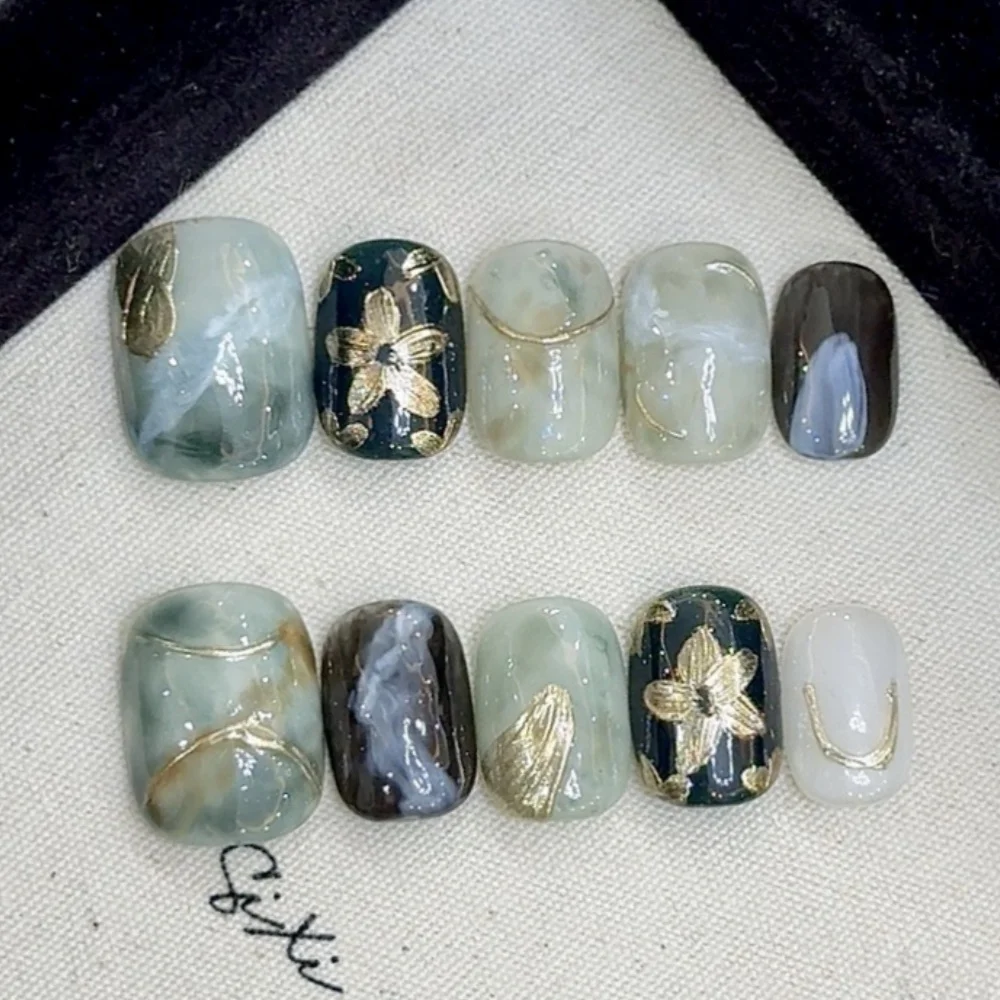 10 pièces fini à la main presse sur les ongles Art court carré rond ongles conseils paillettes diamant faux ongles ensembles violet jaune faux ongles