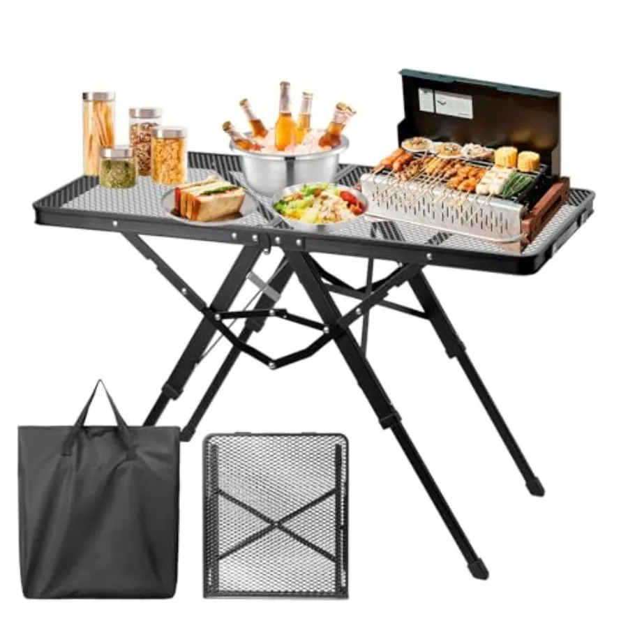 

Portable Outdoor Camping Grill Table with Aluminum Frame 3Level Adjustable Height and Mesh Desktop for Picnic Beach BBQ and Out