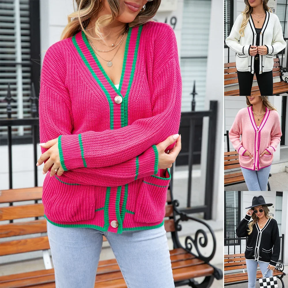 Cárdigan de punto rosa para mujer, jersey largo Vintage con cuello en V para primavera y otoño, prendas de vestir exteriores grises, suéter Y2k, chaqueta, 2023