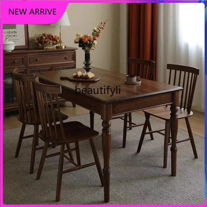 

AA67 American solid wood dining table and chair combination medieval rectangular table black mahogany dining table retro style