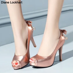 2024 Female Stiletto High Heel Shoes Woman Brand Pumps Sexy Open Toe Fish Mouth Shoes Women Bowknot Party Sandals Ladies champag