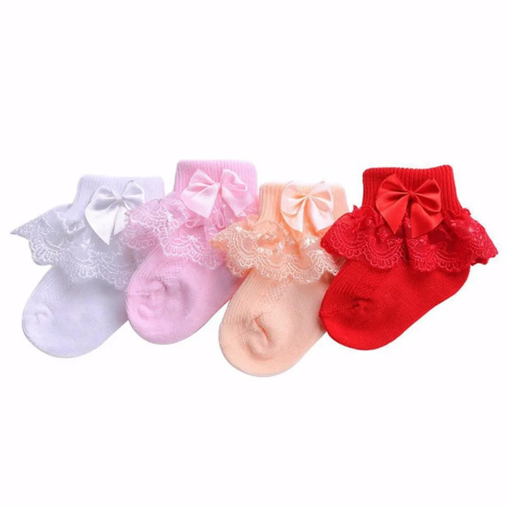

2Pairs Baby Lace Bow-Knot Socks Soft Breathable Comfortable Non-Slip Stockings White Pink Size S Fit 0-1 Years Warm Kids Socks