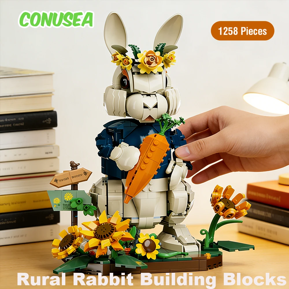 

Набор строительных блоков «Пасхальный кролик» из 1258 деталей, милый деревенский кролик с торчащими зубами, конструктор, подарки на день рождения для детей