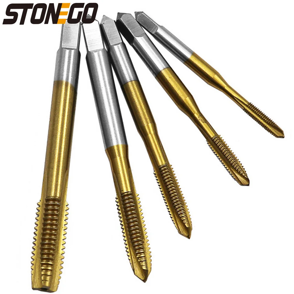 

STONEGO Titanium Coated Metric Thread HSS6542 Tap Drill - 1 or 5 Piece Spiral Fluted Screw Taps M3/M4/M5/M6/M8