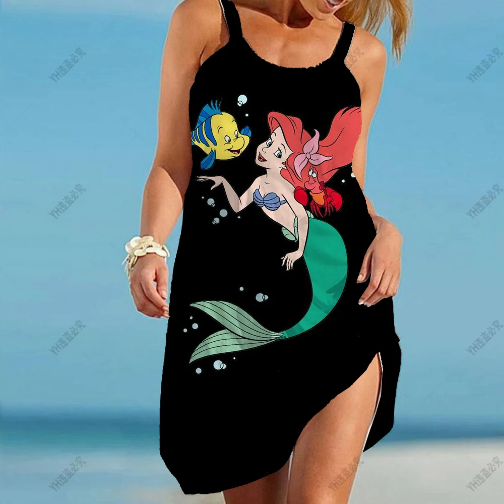 

Disney Mermaid 3D Printing Sexy Women Summer Fashion Beach Dress Party Loose Romantic Backless Camisole Casual Dress