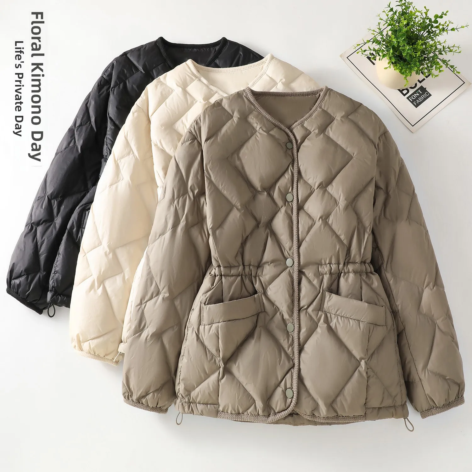 

Зимняя легкая модная женская пуховая хлопковая куртка V-Ne с тонкой талией, цветная длинная све