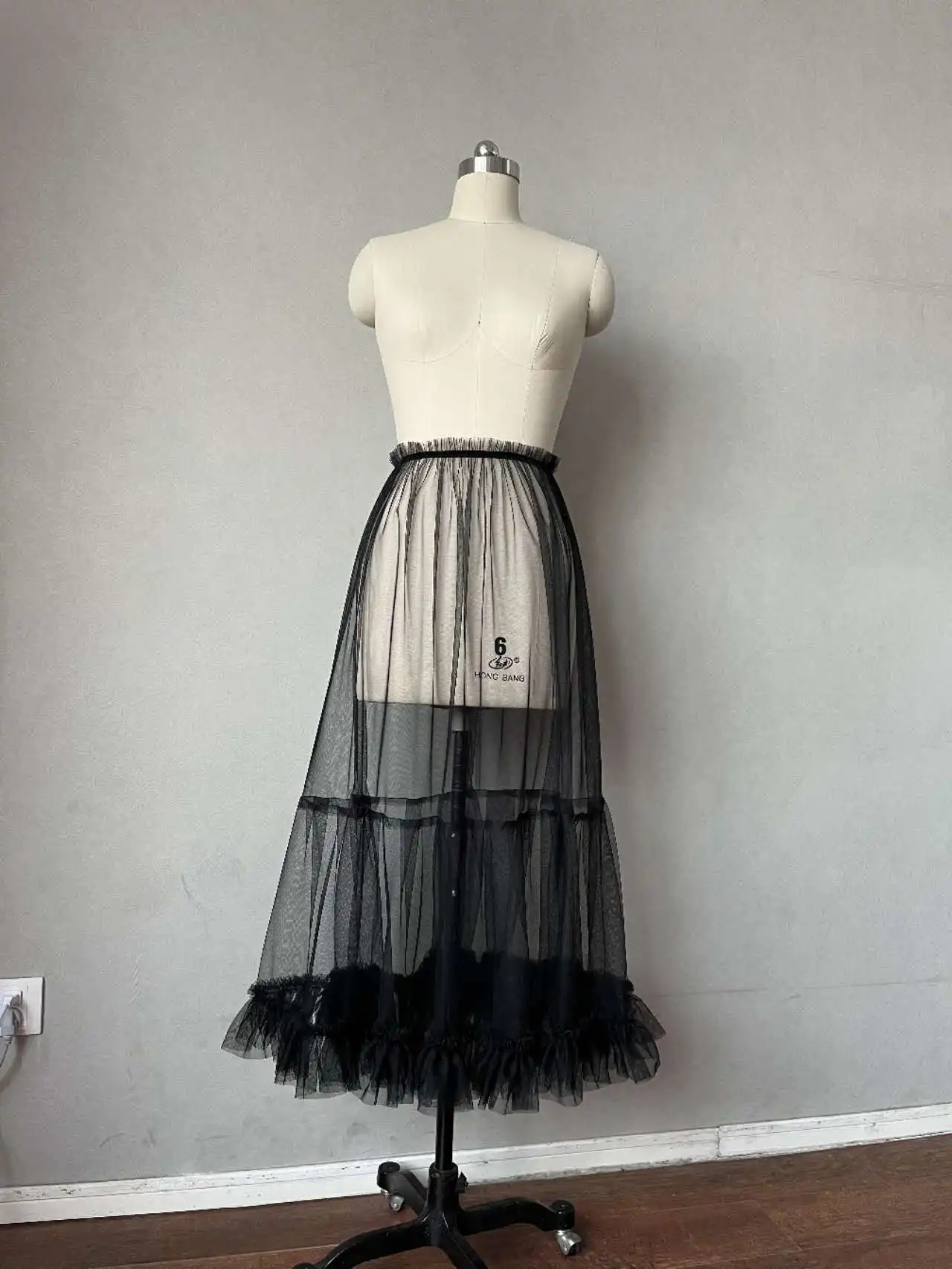 Black Skirt Sheer One Layer Elastic Waist See Through Women Black Long Pleated  Tulle Skirt With Unique Ruched Edge