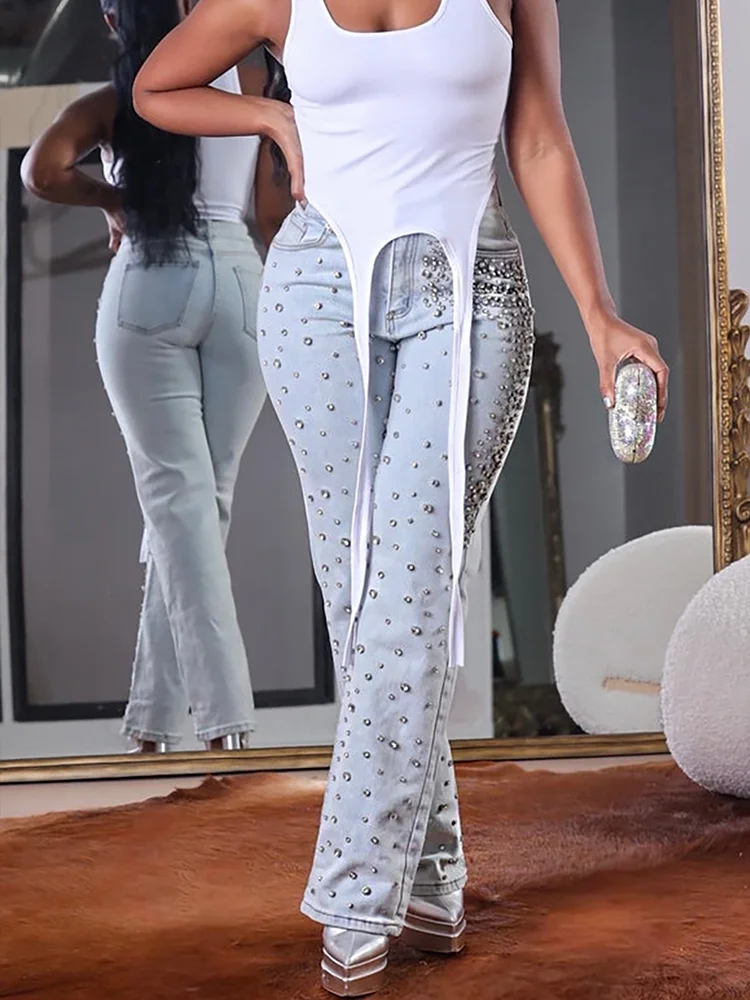 Women\'s Patchwork Embroidered Jeans with High Waisted Drilled Slim Fit Oversized Pencil Pants Women\'s Fashionable Clothing