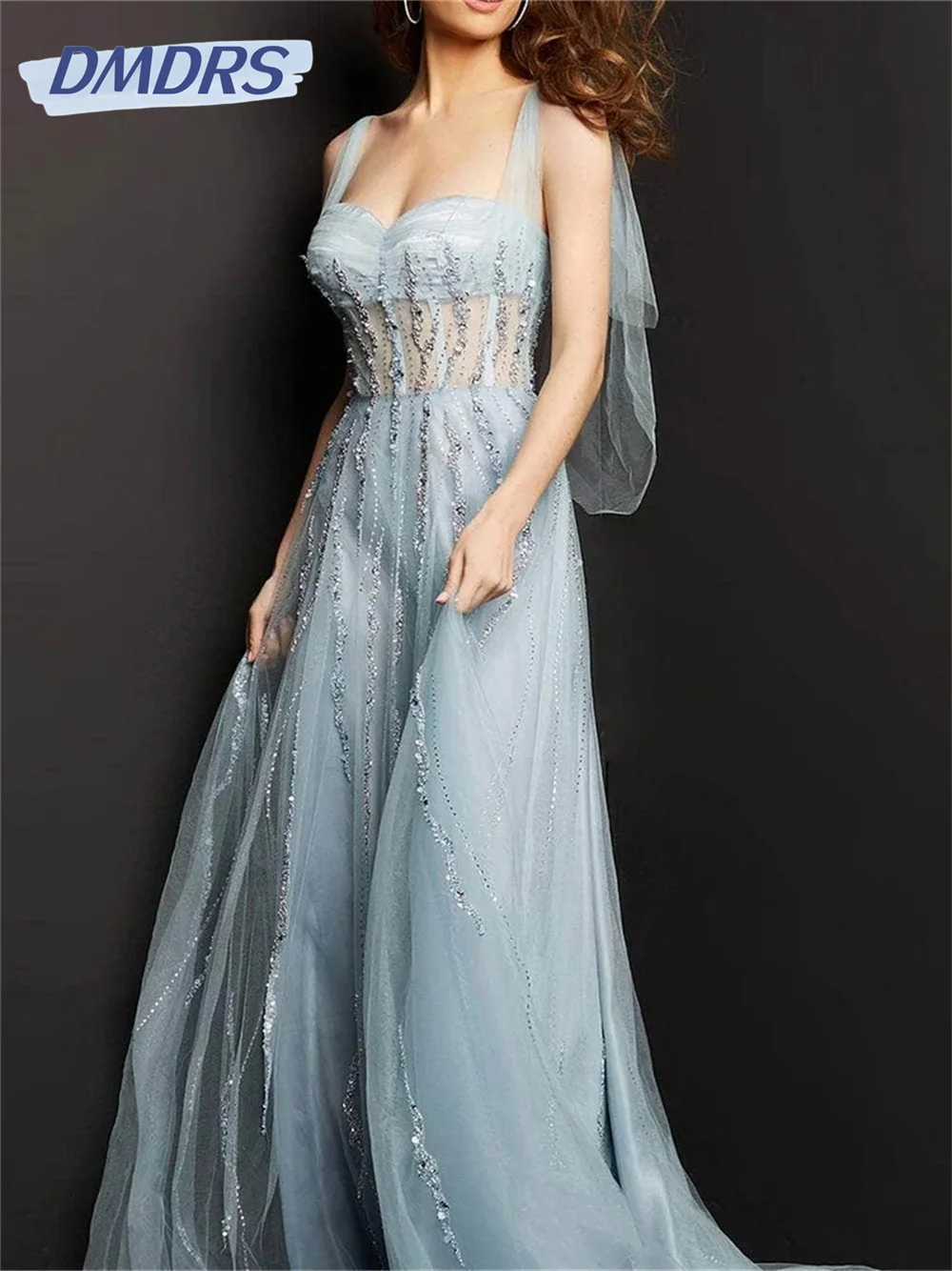 

Charming Spaghetti-Strapped Evening Gown 2024 Elegant Tulle Prom Gown Luxurious Sleeveless Bridal Gown Vestidos De Novia