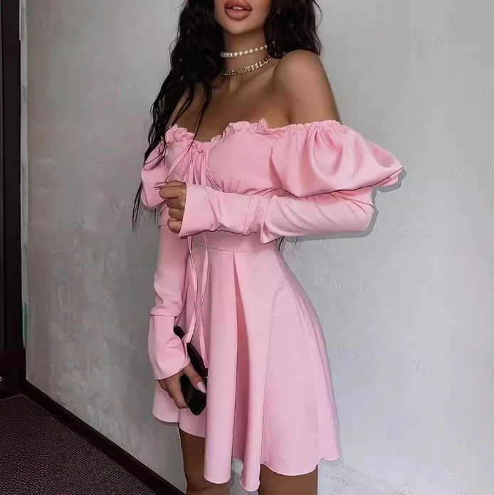 Women's Princess Dress 2024 Spring/summer Latest Commanding Pink Straight Line Collar Off Shoulder Long Sleeved Short Skirt