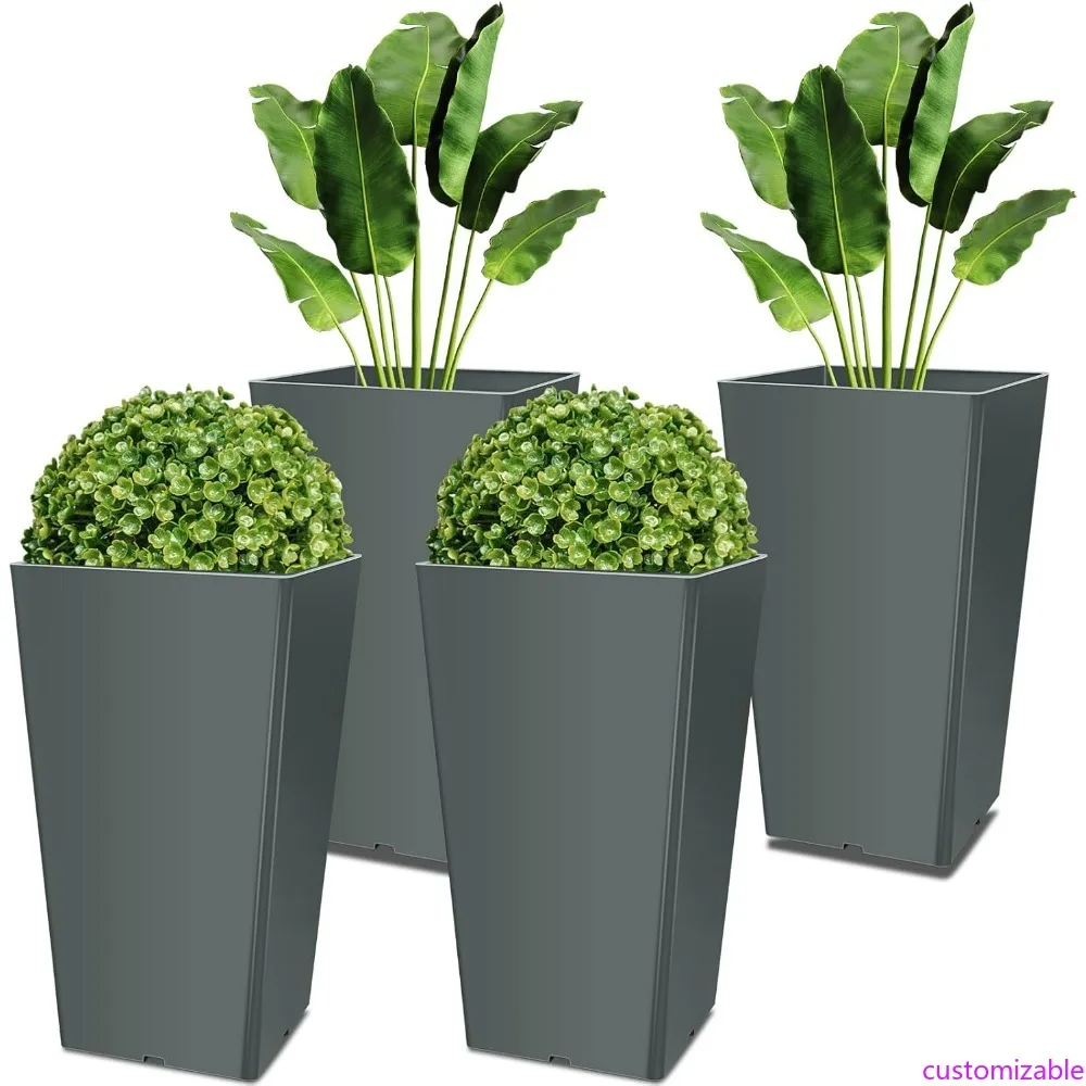 

Set of 4 Durable 20-Inch Tall Outdoor Planters for Front Porch, Heavy-Duty Self-Watering Flower Pots without Baskets