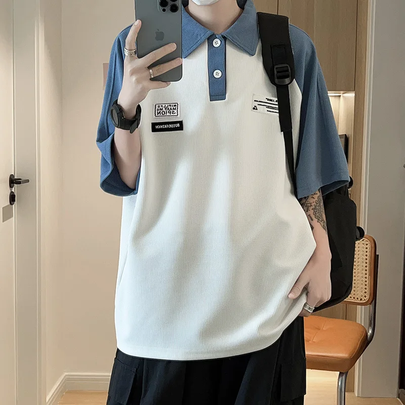 

Color Blo irt ort Sve Loose Fit Men's Summer Trendy f Sve T-irt Faionable Wfle Collar Top