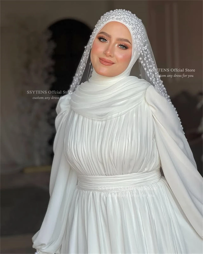 SSYTENS فساتين زفاف إسلامية بأكمام طويلة للعروس الحجاب رقبة عالية للنساء العربية دبي فساتين زفاف إسلامية بدون حجاب لؤلؤي #6
