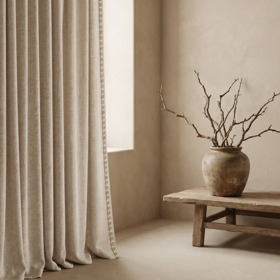 Light coffee texture cotton and linen curtains light luxury edge curtains Nordic simple master bedroom bay window