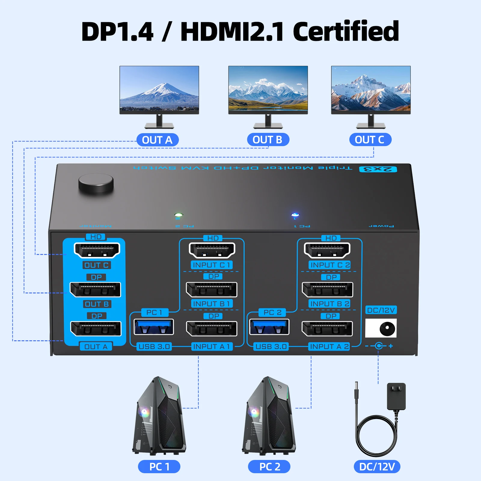 8K@60Hz HDMI2.1 Displayport KVM Switch 3 Monitors 2 Computers 4K@144Hz Triple Monitor KVM Switches with USB 3.0 Port,