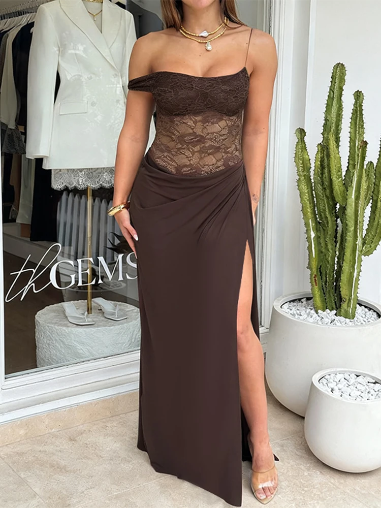 

Trendix Retro Off Shoulder Dress For Women's Summer Solid High Waist Slim Maxi Dresses Party Side Slit Beach Elegant Lace Dress
