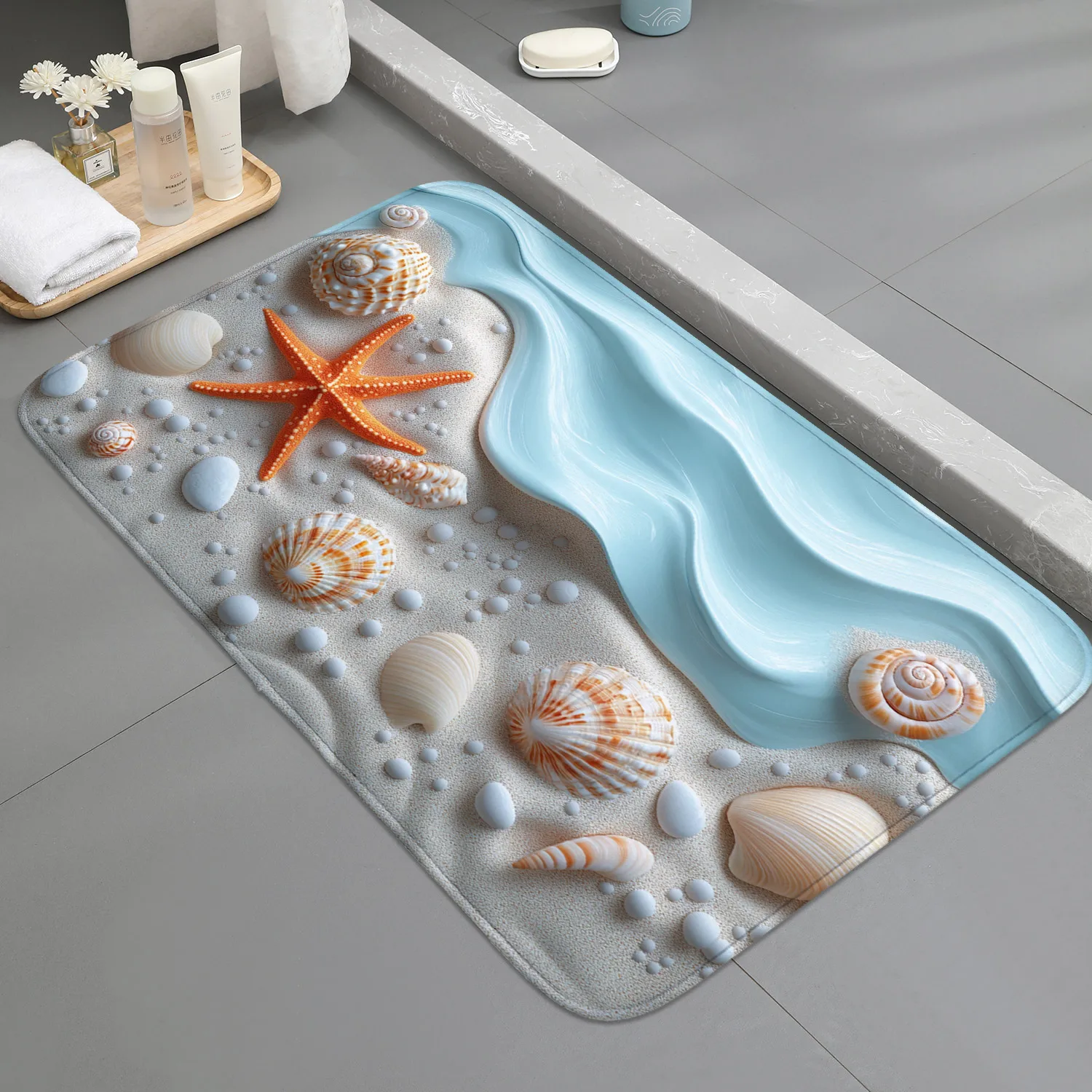 1 Stück Badematte – rutschfest, schnell trocknend, wasserdichte Polyester-Fußmatte, Strandwellen-Design, ideal für Badezimmer, Schlafzimmer, Küche