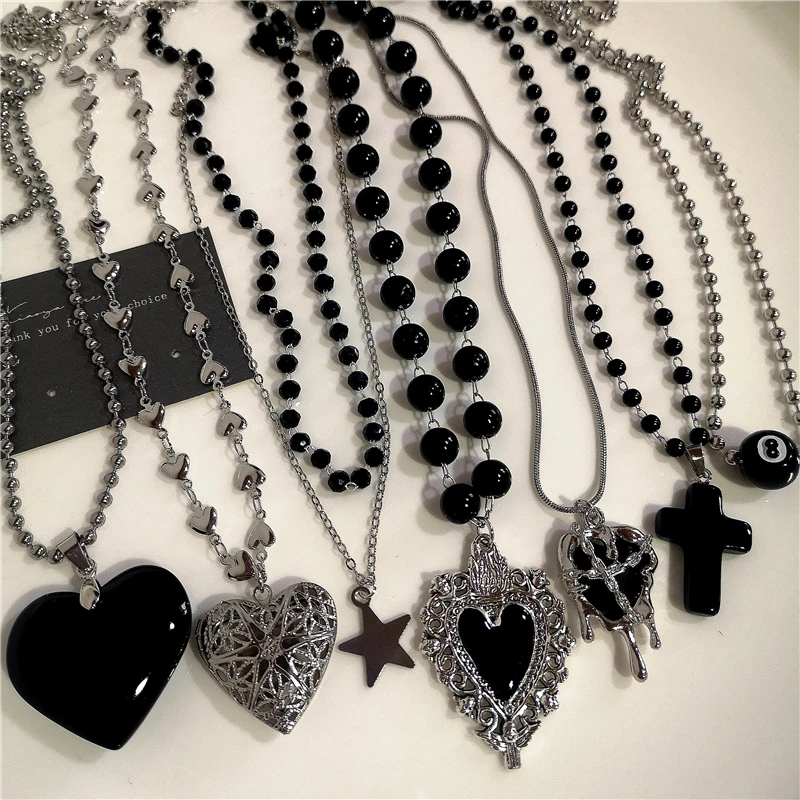 Gothic Punk Black Peach Heart Star Pendant Chain Necklace For Women Men Y2K Hip Hop Charm Trendy Jewelry Anniversary Accessories