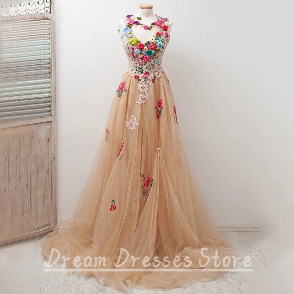 Charming Colourful Prom Dresses of Flowers Sleeveless Tulle A-Line Floor Length Appliques Backless Party and Banquet Gowns image 3