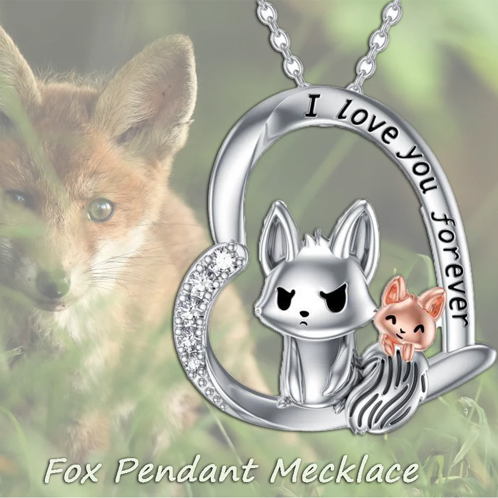 Beautiful and fashionable fox mother and son heart-shaped pendant necklace, perfect gift for mom on Christmas and Mother's Day