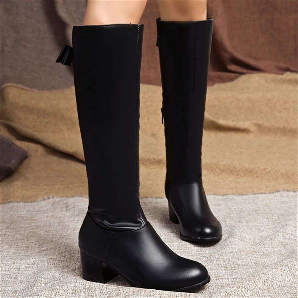 Autumn Winter Warm Over The Knee Boots Women Fashion Side Zipper High Heels Bow Ladies Soft PU Leather Long Botas Mujer Brown