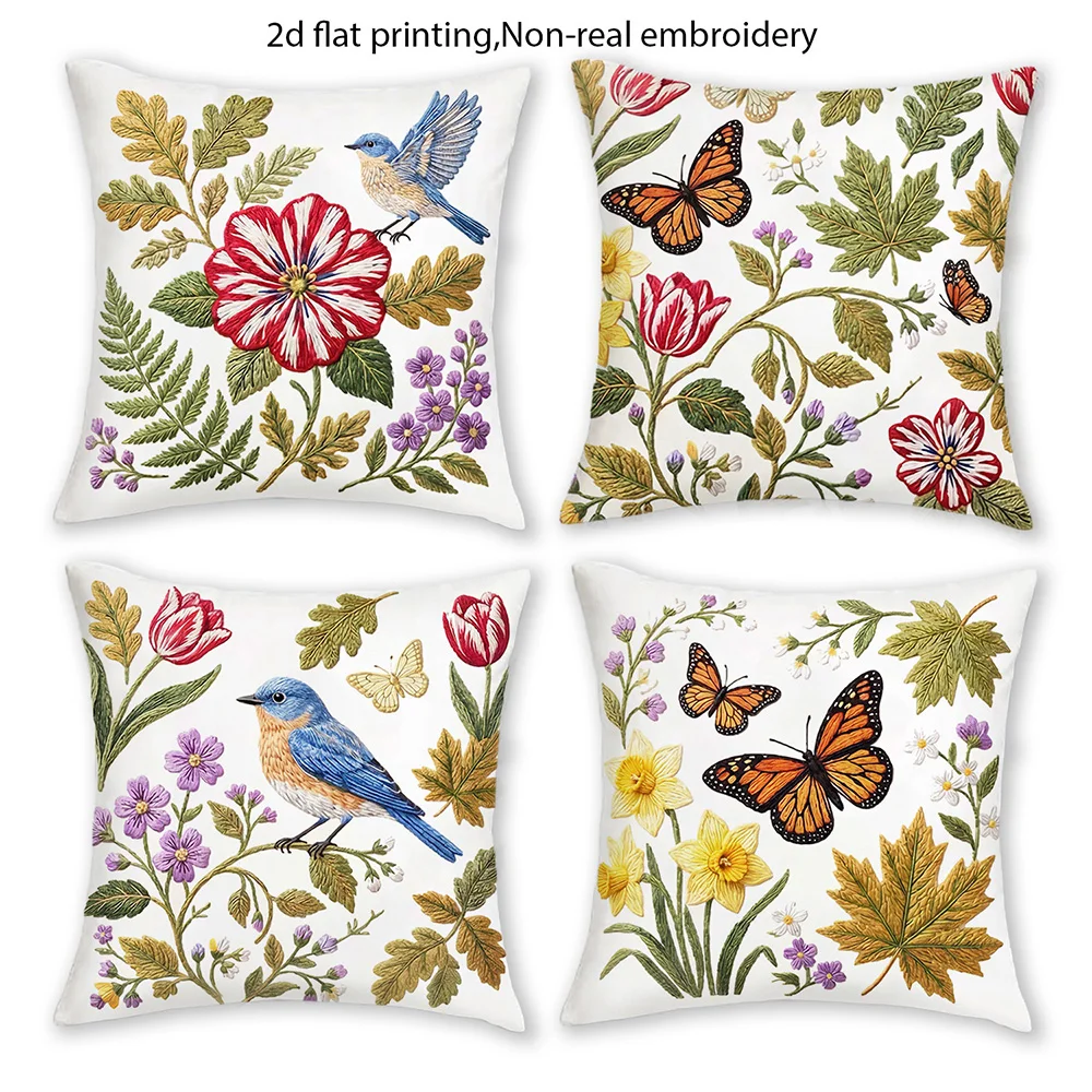1/4pcs 2D Flat- Vintage Botanical Bluebird & Tulip Decorative Throw Pillow Cover Home farmhouse outdoor decoration cushion cover