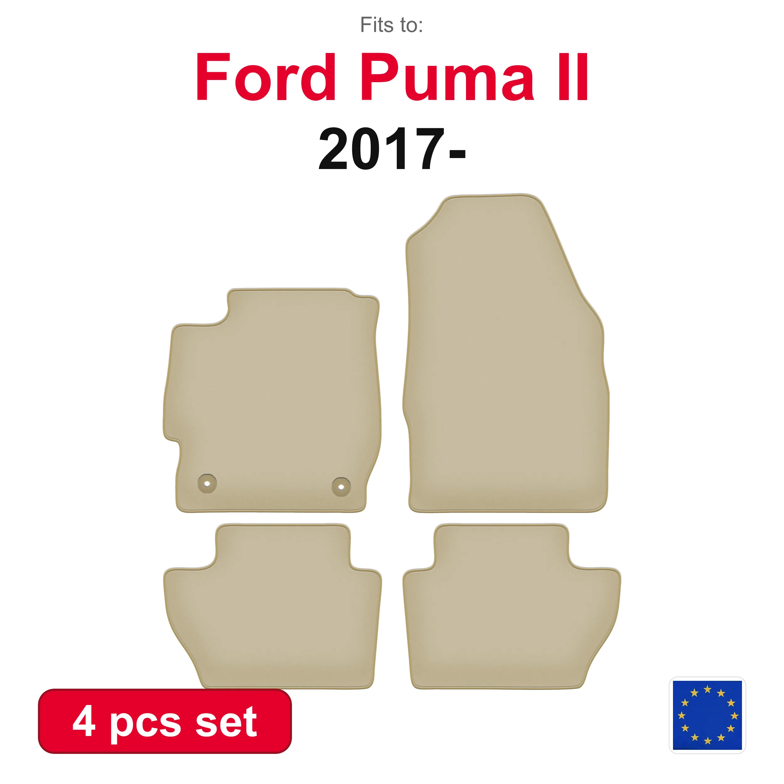 PREMIUM Velours-Autofußmatten für Ford Puma II Crossover (2017–) – beige, passgenau (4 Stück), ein komplettes Set von fahrzeugspezifischen Fußmatten