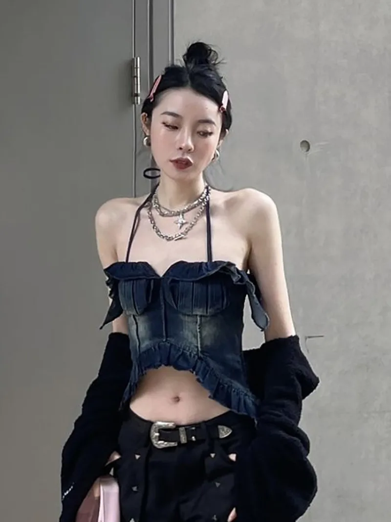 

Korean Fashion Hot Girl Ruffled Camisole Vest 2024 Women's Summer Hanging Neck Exposed Navel Washed Denim Top Female Clothing