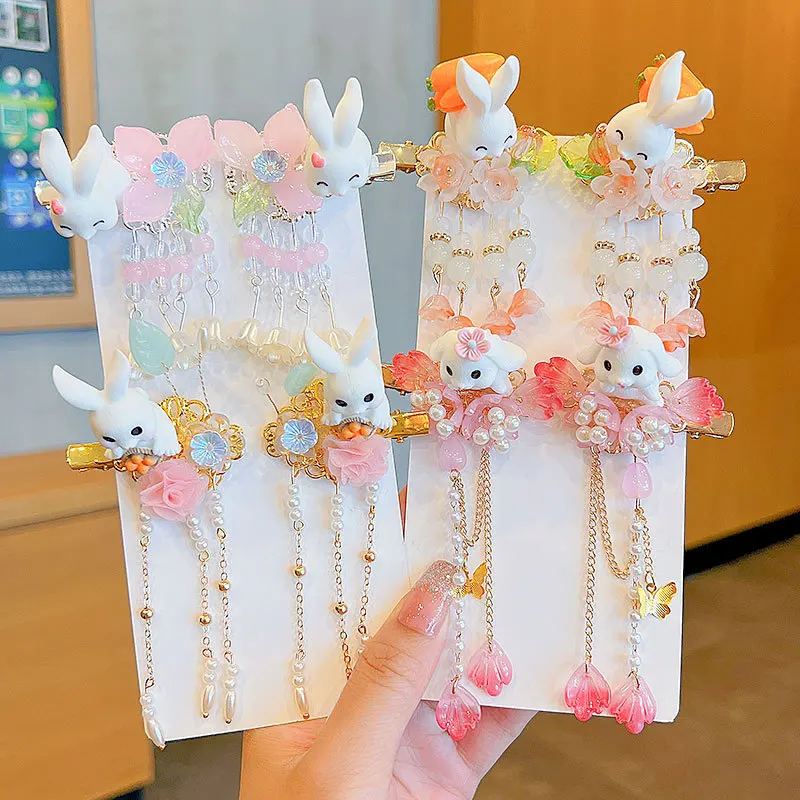 Children's Ancient Style Super Fairy Hairpin Hanfu Accessories Step Shaking Tassel Rabbit Pair Clip Ancient Costume Headdress