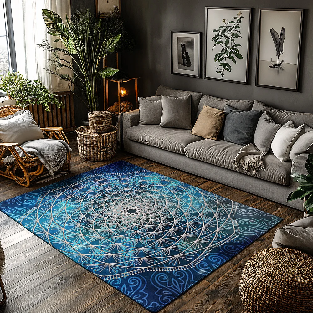 

Уникальный ковер с мандалой, богемный домашний декор, нескользящий напольный коврик, бирюзово-синий ковер, акцент для гостиной, современный дизайн, моющийся, прочный