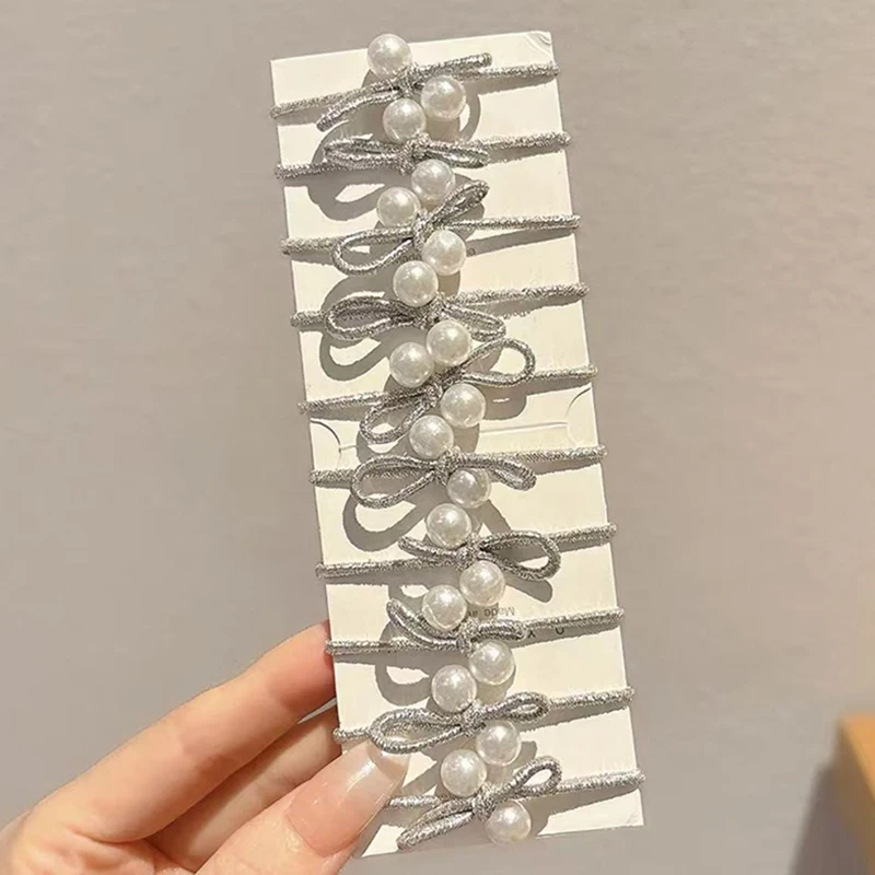 

Ten-Piece Set Of Korean-Style Silver-White Solid Color Pearl Bow High-Elastic Hair Ties For Women Hair Accessories