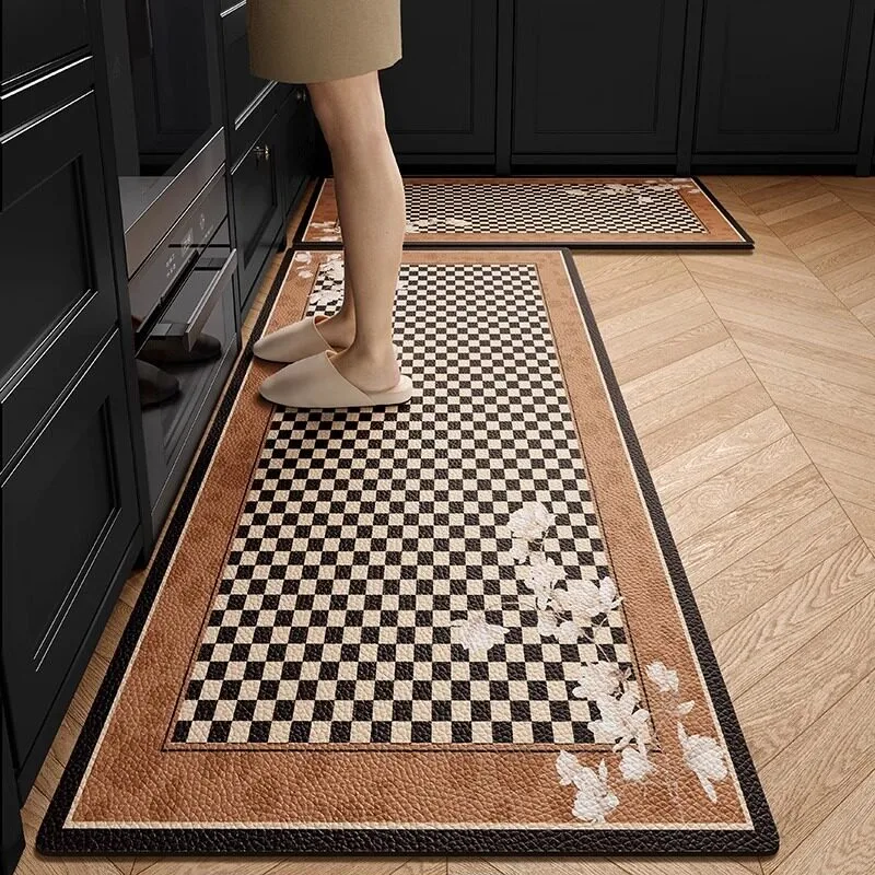 Brown Rose Pattern PVC Leather Rug Waterproof Oil-proof Stain-resistant Kitchen Carpet Large Area Non-slip Floor Mats Tapis 러그