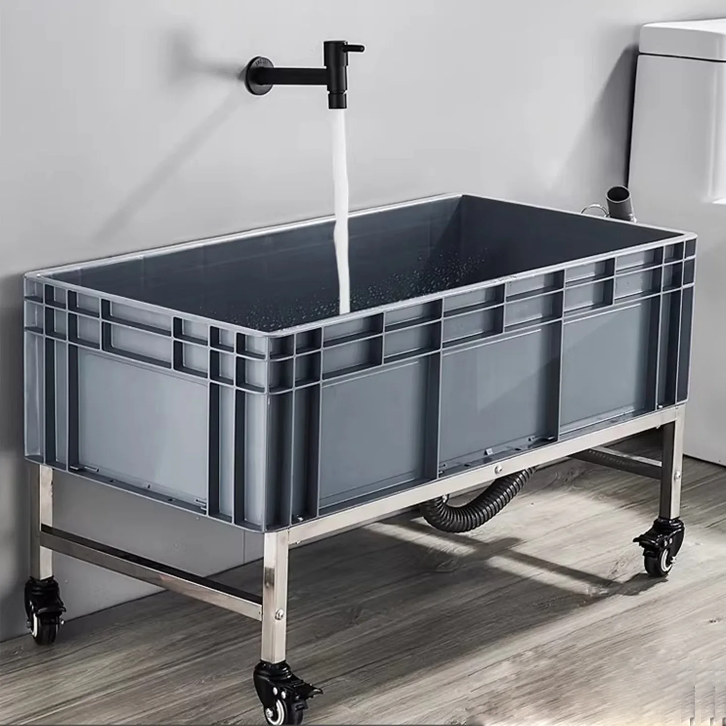 

Removable mop pool household floor standing stainless steel frame thickened PP water basin automatic drain swivel wheel